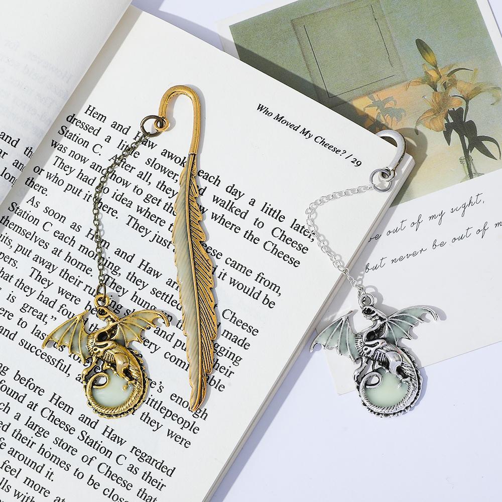 Vintage Feather Dragon Metal Bookmarks Unique Luminous Dragon Pendant Charms for Book Lovers Cool Bookmark Gifts School Supplies