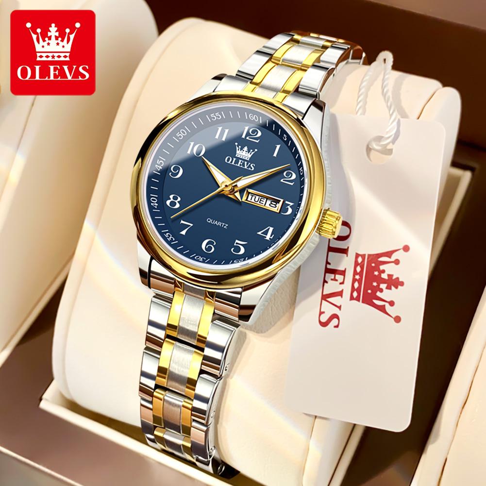 OLEVS Brand Luxury Gold Quartz Watch for Womens Stainless Steel Waterproof Week Date Elegant Women Dress Watch Reloj Hombre