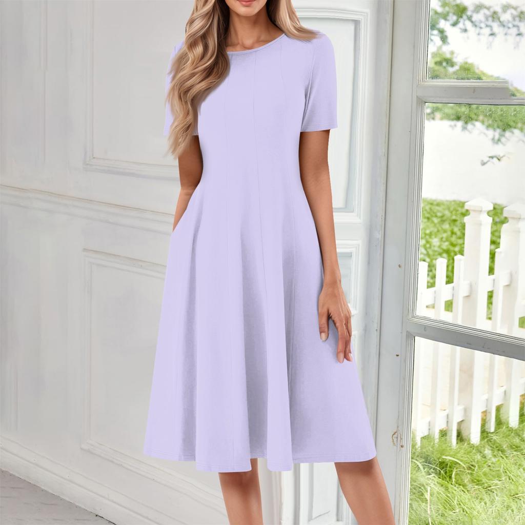 Женское повседневное и модное платье с круглым вырезом и коротким рукавом, однотонное, средней длины