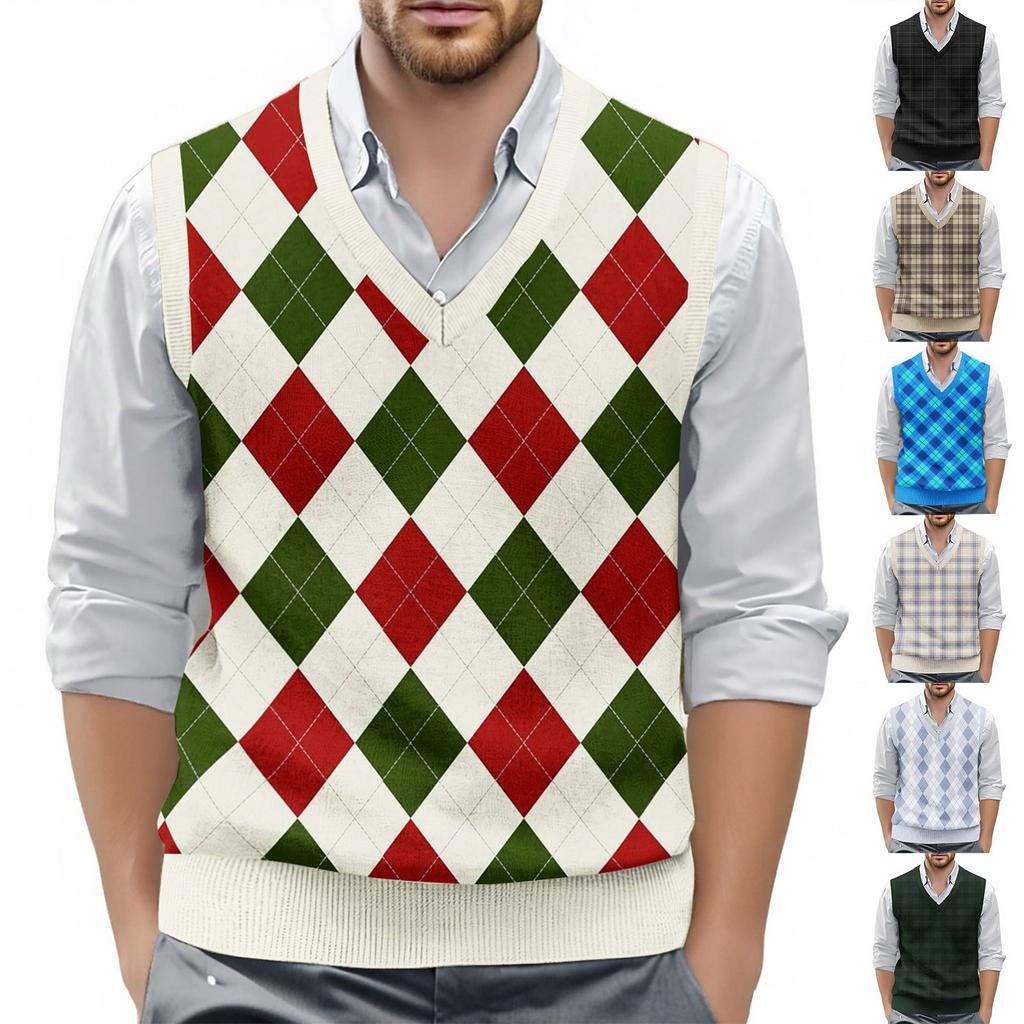 Мужской жилет без рукавов с клетчатым принтом и V-образным вырезом, вязаный джемпер