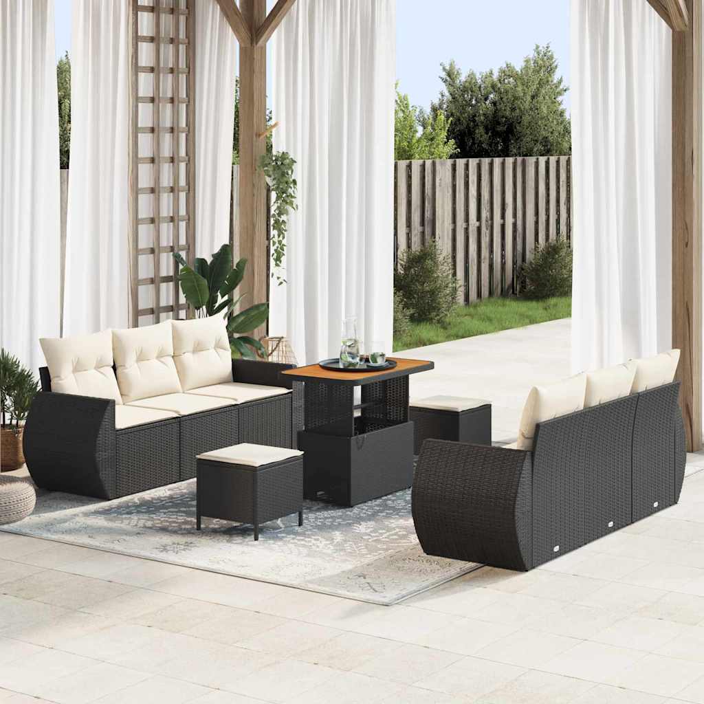 Garden Sofa Set with Cushions 9 pcs Black Poly Rattan