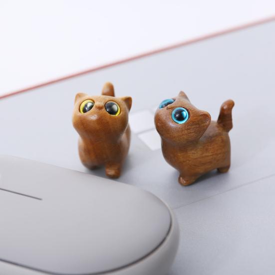 Mini Cat Figurine Hand-carved Wooden Cat Statue Collectible Polished Miniature Cat Ornament for Home Desk Bookshelf Decoration