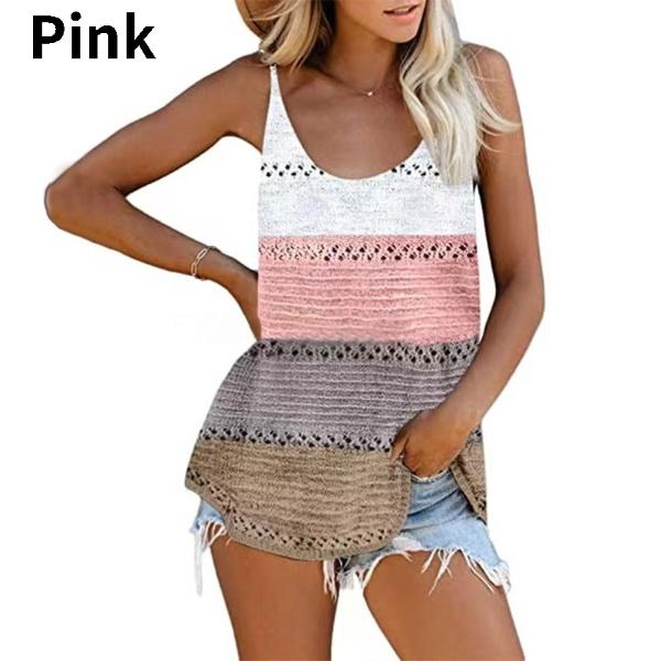 Модные женские летние трикотажные майки с круглым вырезом, повседневные свободные майки без рукавов с цветными блоками, рубашки, пляжные майки, майки больших размеров