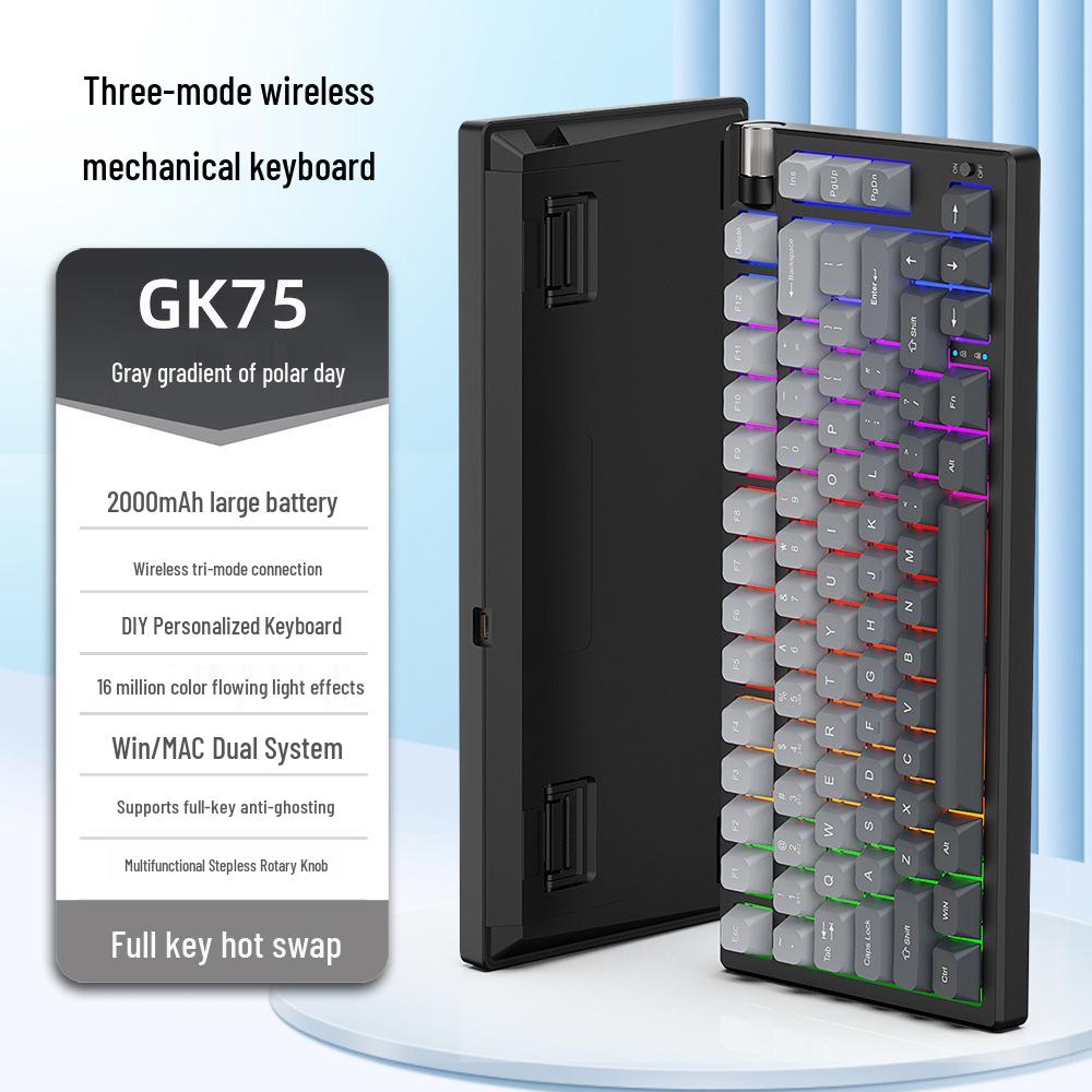 Беспроводная механическая клавиатура GK75: Bluetooth с тремя режимами, RGB-подсветка, синие переключатели, водонепроницаемая, для игр и офиса.