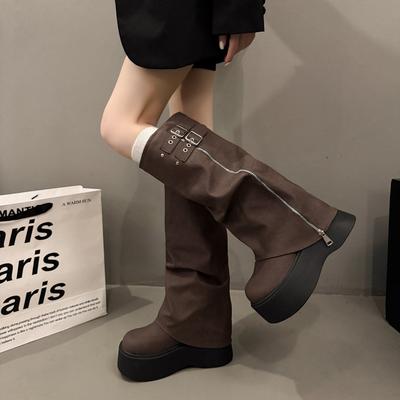 Женские ботинки на толстой подошве увеличивают высоту 2025 осень и зима новые ботинки-трубы с плиссированными штанинами-маффинами Невысокие ботинки