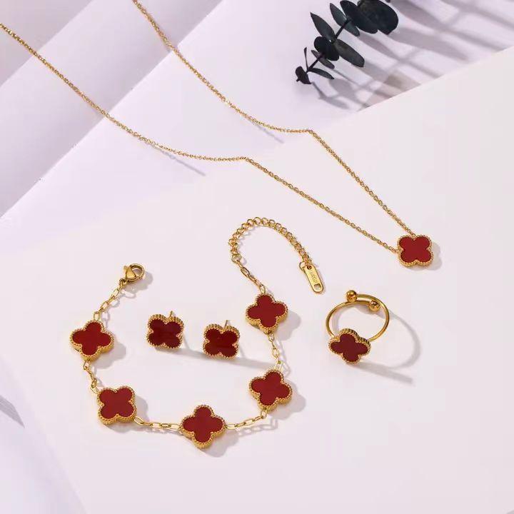 4 шт. Lucky Clover, модный браслет с пятью цветами из нержавеющей стали Fritillaria 18 К, браслет, ожерелье, кольцо, серьги, комплект женских ювелирных изделий