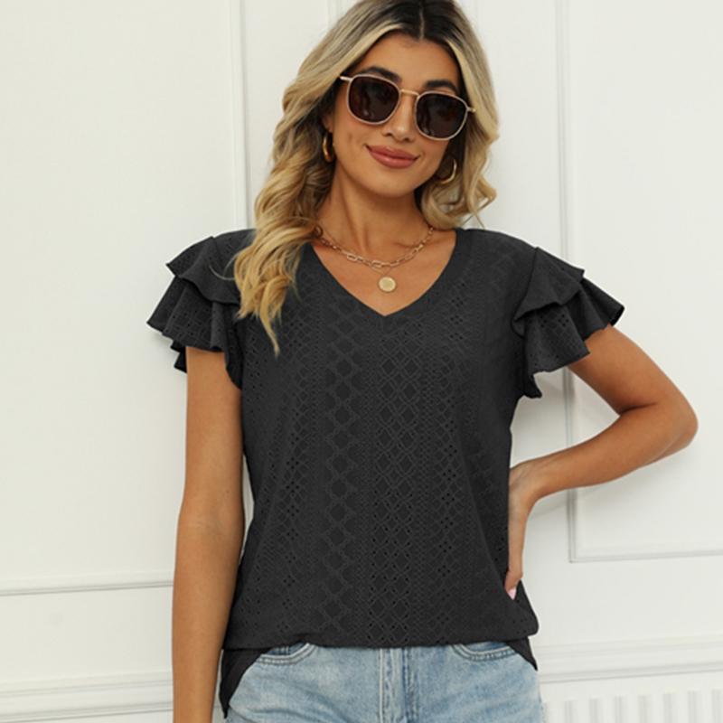 Women's Spring and Summer Solid Color Double-sleeve V-neck Loose Short-sleeved T-shirt