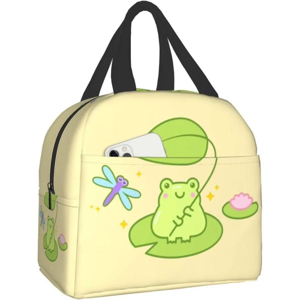 Kawaii Green Frog Lunch Bento Bag Insulated Lunch Box Reusable Waterproof Lunch Bag with Front Pocket for Travel Office Picnic