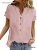 Women's Summer Retro Patchwork Cotton Linen V-Neck Button Short Sleeve Top