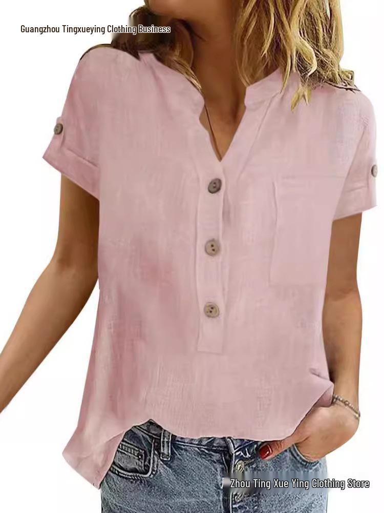 Women's Summer Retro Patchwork Cotton Linen V-Neck Button Short Sleeve Top