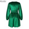 ZANZEA Women Elegant V-Neck Long Sleeve Waisted Knitted A-Line Dresses