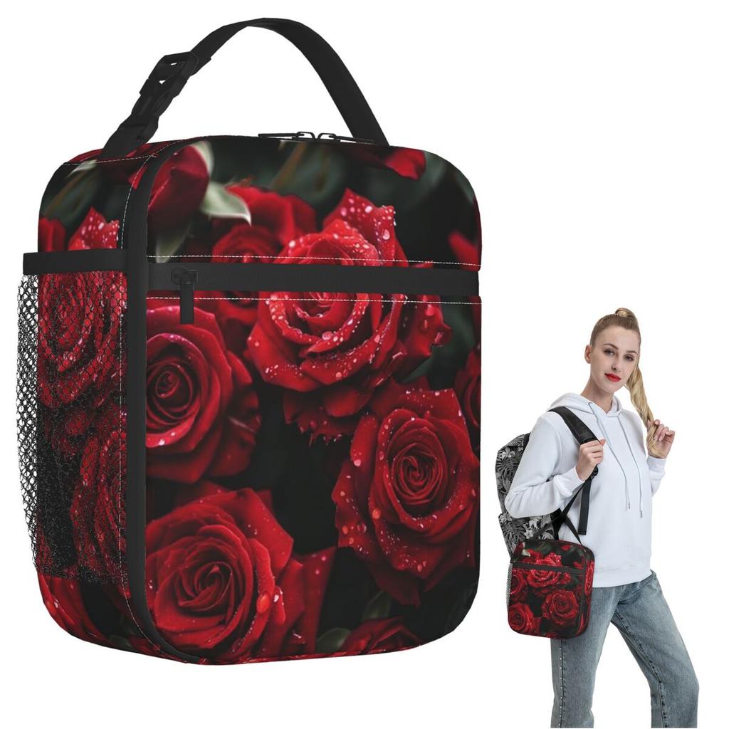 Red Rose Floral Design Insulated Lunch Bag for Women Kids Portable Food Boxes Thermal Lunch Box Tote