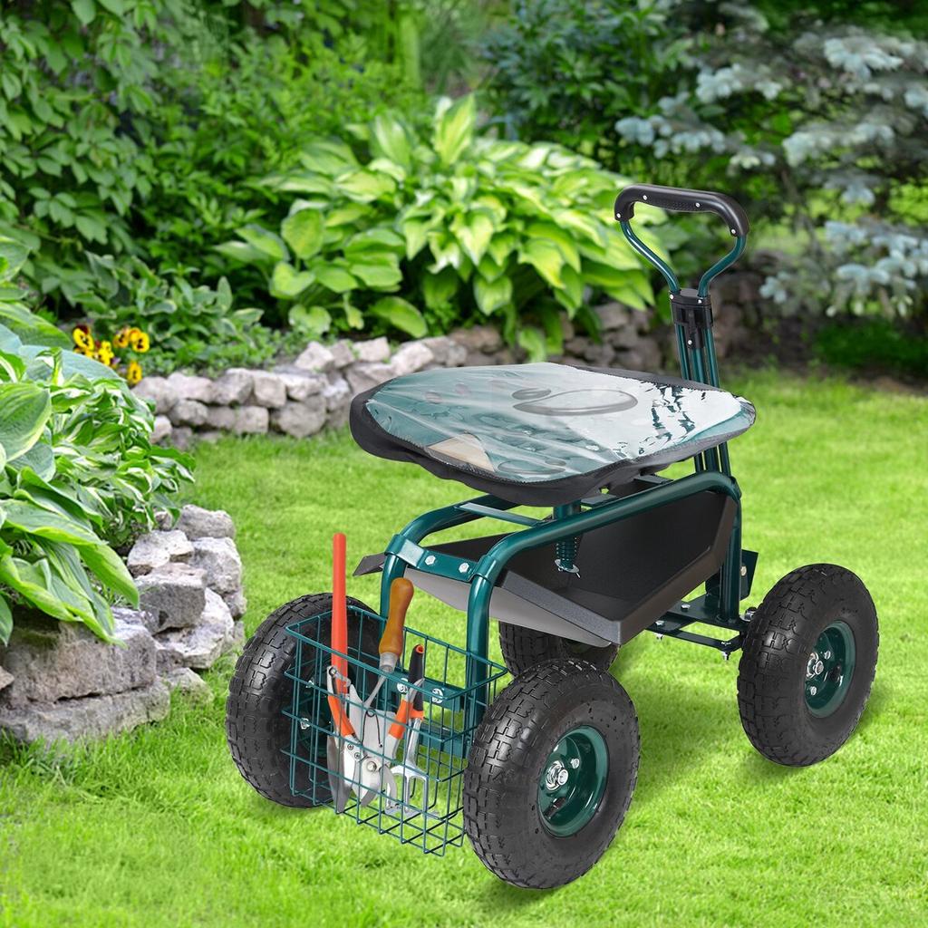 Garden Cart Rolling Workseat with Wheels, Gardening Stool for Planting, 360 Degree Swivel Seat, Wagon Scooter with Steering Handle & Utility Tool