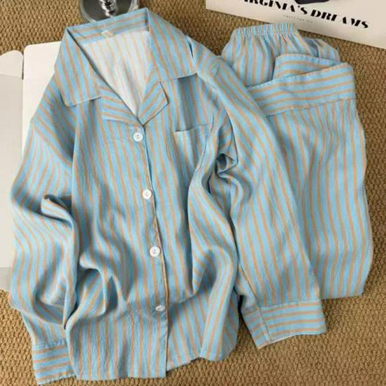 Женский хлопковый полосатый пижамный комплект Cloud Cotton: Свободный комплект с длинным рукавом и брюками
