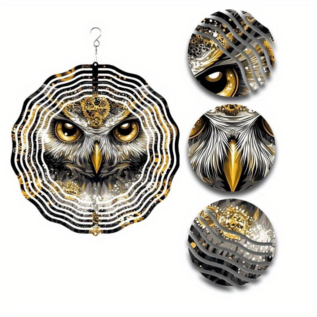 Elegant Owl Wind Spinner - Luxurious Golden & Black Metal Garden Sculpture, 2D Outdoor Decor with Intricate Feather Patterns, No Power Required