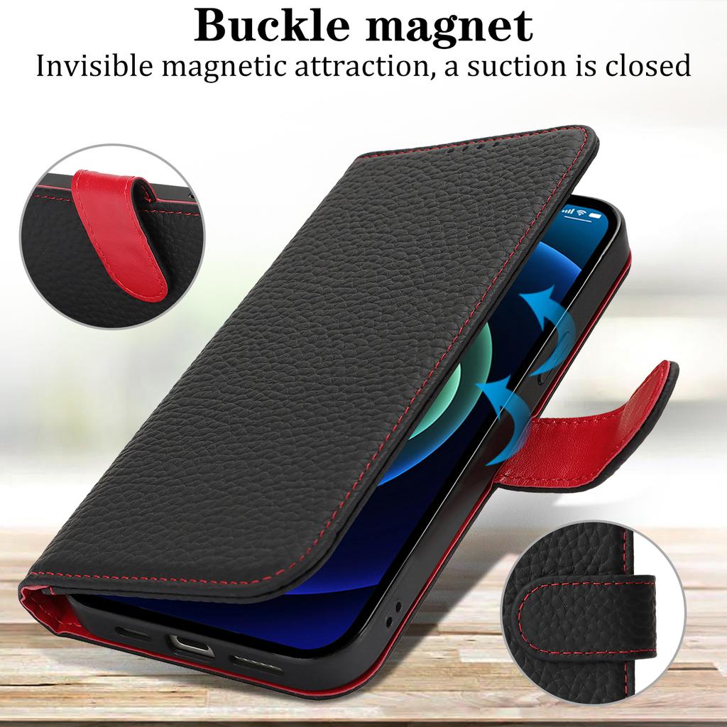 For iPhone 13 mini Stand Case Litchi Texture Genuine Cow Leather Wallet Phone Cover RFID Blocking