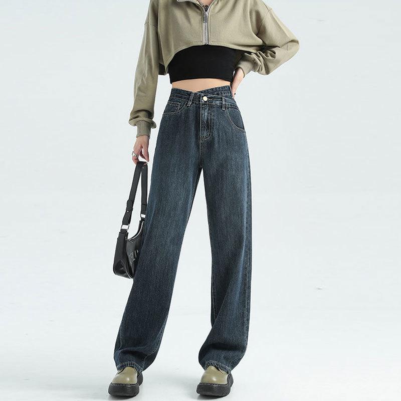 Женские джинсы широкого кроя сине-серого цвета с высокой талией, маленького размера, длиной до пола, с нестандартной косой пряжкой, идеально подходят для весны и осени.