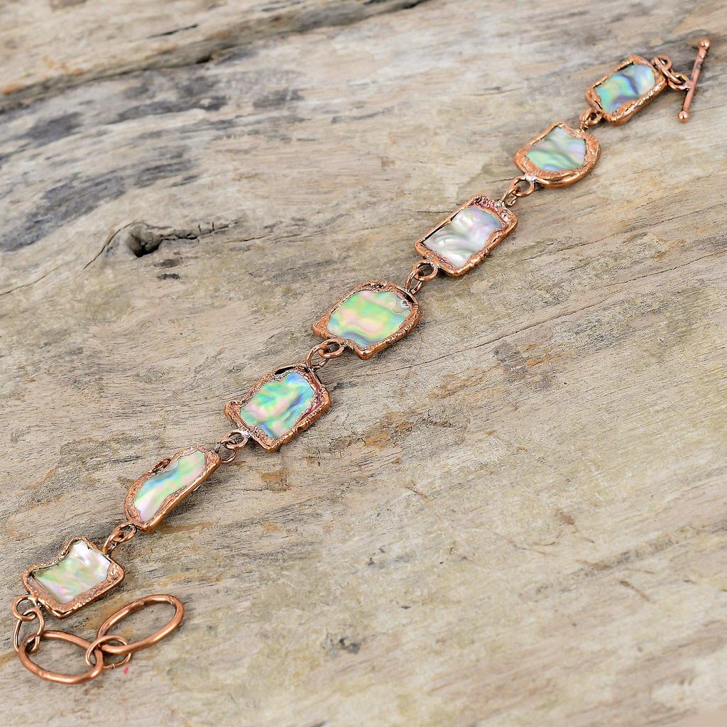 Грубый браслет из ракушки ушка, электроформованный медный браслет, регулируемый браслет-цепочка, ручная работа, медные украшения, браслет с драгоценными камнями, подарок для мамы