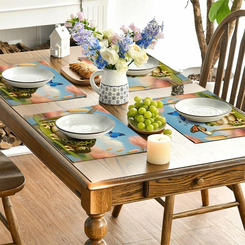 4/6pcs Rectangular Placemats - 12X18 Inch Frog Lily Pad Printed Table Mats with 2D Element Pattern Design, Durable Washable Polyester Table Runners