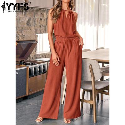 Женские модные повседневные летние весенние однотонные принтованные брюки без рукавов с круглым вырезом костюмы