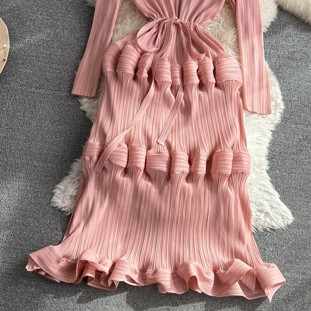 Весенне-осенние женские однотонные большие эластичные вечерние платья с длинными рукавами и оболочкой большого размера