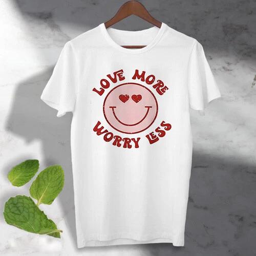 Love More Less Worry Smile Face 100% Cotton T-shirt Mens Tees Top Vintage Look ideal gift present