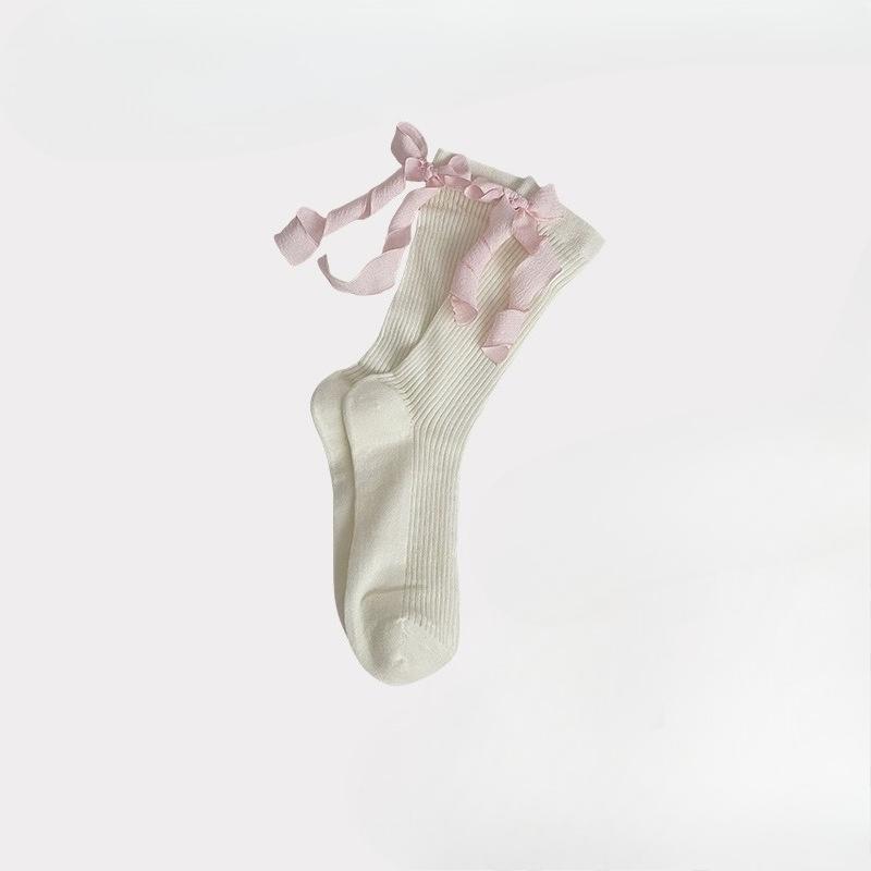Female Spring and Summer Thin Sweet Heel Ribbon Bow In The Tube Pile Socks