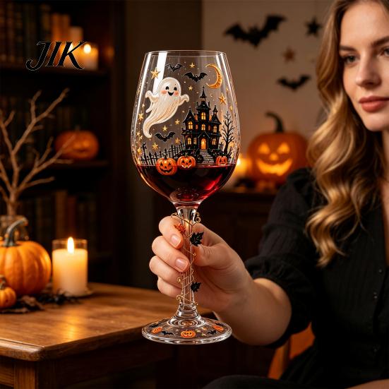 Halloween Party Supplies Wine Glass, Spooky Ghost Cat Witch Pumpkin Drinking Glass for Festive Drinkware Wines, Cocktails, Spirits, Holiday Glassware