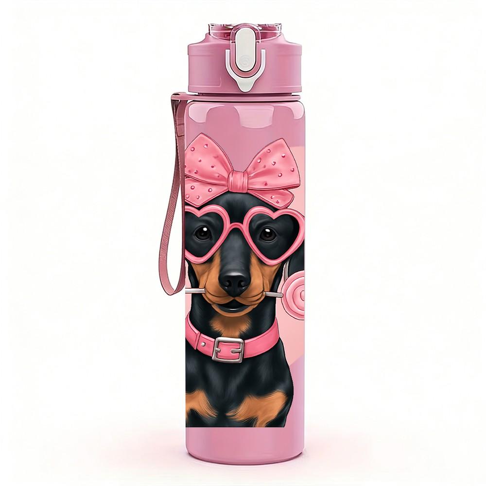 1PC Dachshund Dog Pink Bow Heart Print 750ml Color Plastic Sports Water Bottle Leakproof Flip Straw Lid Suitable for Sports Office Home Use