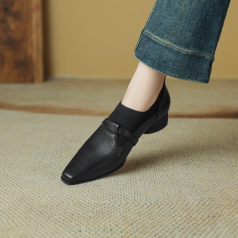 Мода 2025 Новая мода Классическая Весенняя Женская Обувь Натуральная Кожа Квадратный Носок Массивный Средний Каблук Обувь Женские Лаконичные Туфли-Лодочки Роскошная Обувь