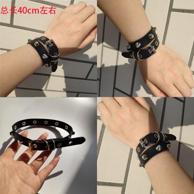 Черный кожаный браслет-браслет-манжета, готический готический бар, панк-браслеты для женщин и мужчин, браслеты, можно регулировать, ювелирные изделия