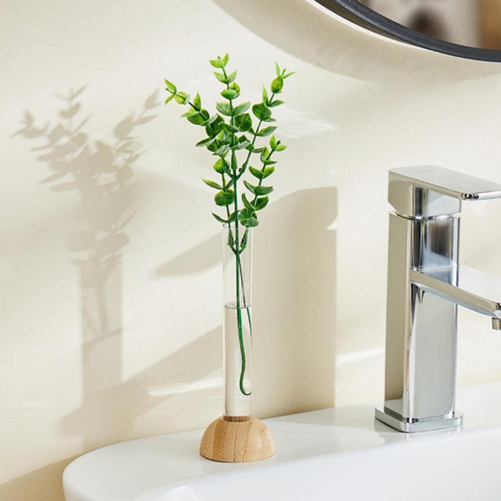 2 Pcs With Wooden Stand Hydroponic Plants Vase Shatterproof Clear Flower Vase Table