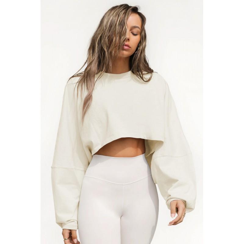 Womens Cropped Crew Neck Sweatshirt Loose Long Sleeve Athletic Top Workout Running