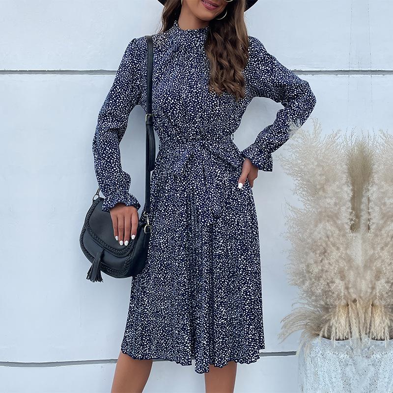 YYFS Женская мода лето весна горошек печати с длинным рукавом половина водолазки повседневные платья