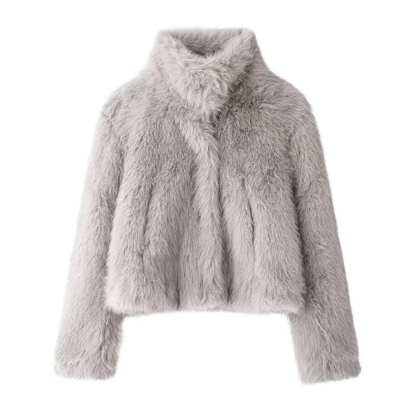 Womens Winter Faux Fur Short Coat Stand Collar Long Sleeve Pockets Casual Streetwear