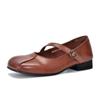 Johnature Square Toe Shallow Mary Jane Shoes Genuine Leather Retro Solid Color Soft Soled Shoes