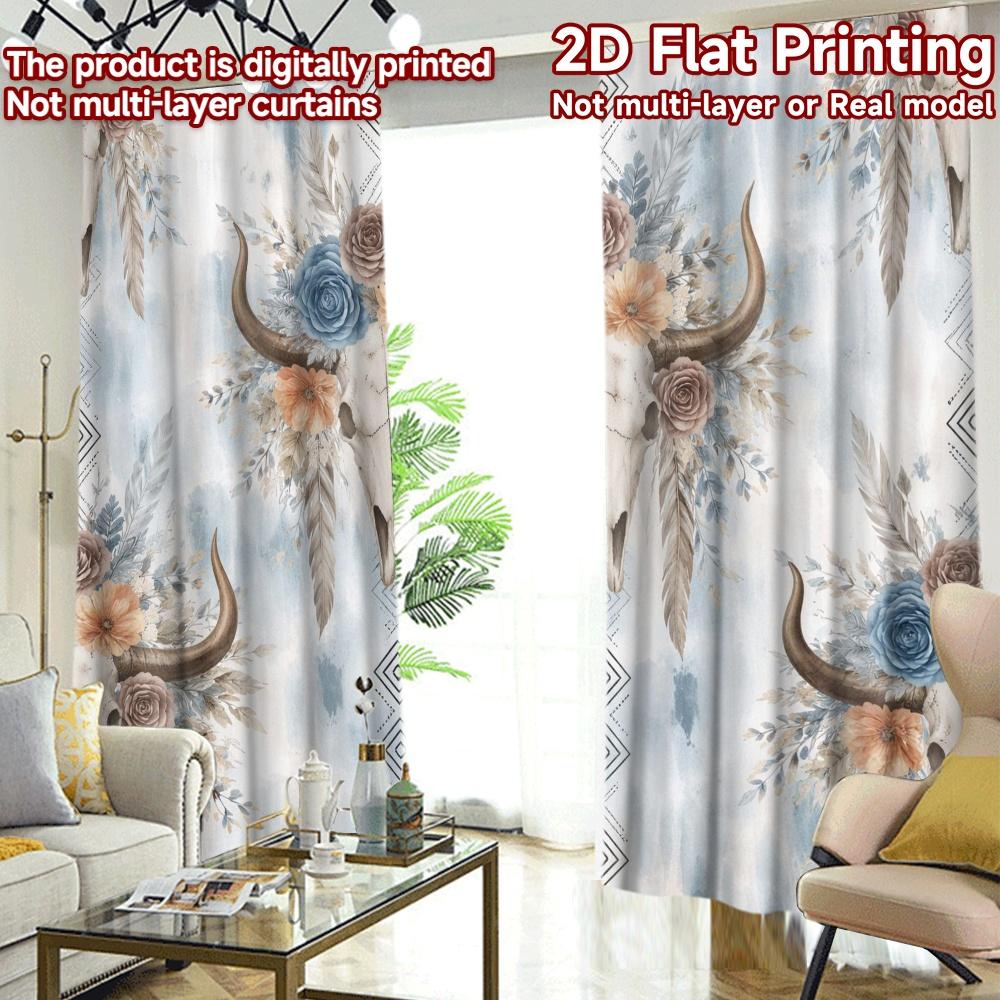 2D FLAT PRINTING 2pcs Curtains (Without Rod) Floral Bull Skull Design(1) Chic Fashionable Curtains Durable Polyester Curtains