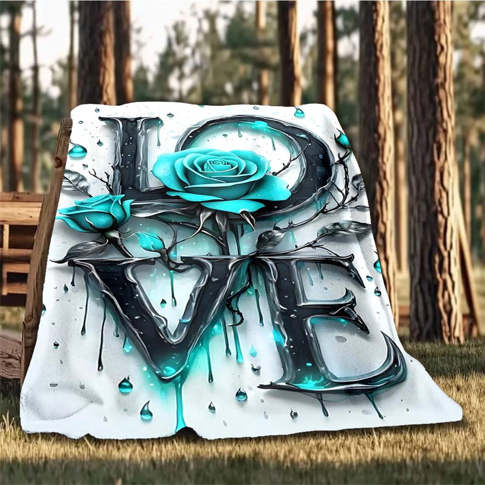 1pc Love Rose Outdoor Flannel Blanket Soft All Season Polyester Throw , Perfect for Picnics & Travel , Picnic Accessory