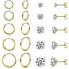 10 Pairs 316L Stainless Steel Earring Set 14K Gold Plated Small Hoop Earrings Flat Back Stud Earrings for Women Men, Gold