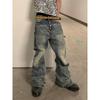Mens Slim Fit Washed Blue Denim Jeans With Retro Rhinestone Detail Straight Leg Mid-Waist Cotton Casual Wear