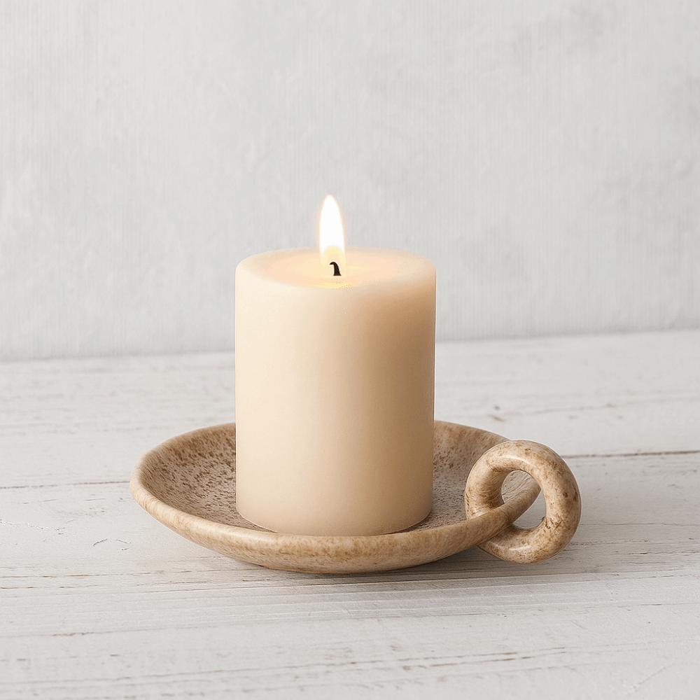 Minimalist Round Ceramic Candle Plate Retro Style with Handle Candlelight Stand Decorative Candle Holder Living Room