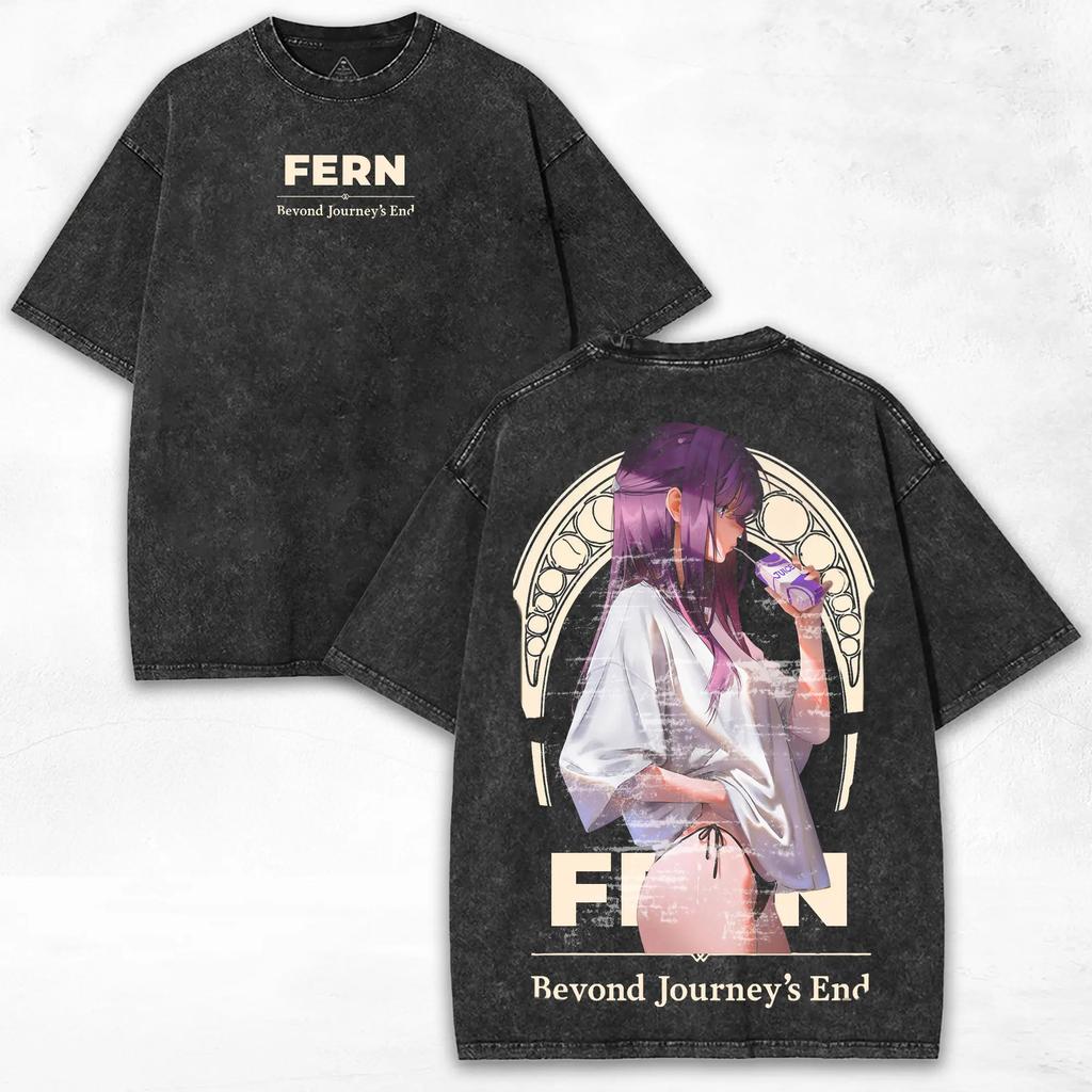 Anime Frieren Beyond Journey's End T-shirt Vintage Washed Oversized Tshirt Short Sleeve Cotton Tees Tops Men's Unisex Clothing
