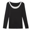 New Round Neck Stitching Two-color Contrast Black Long-sleeved Slim and Comfortable Bottoming Shirt T-shirt Top Women Trendy