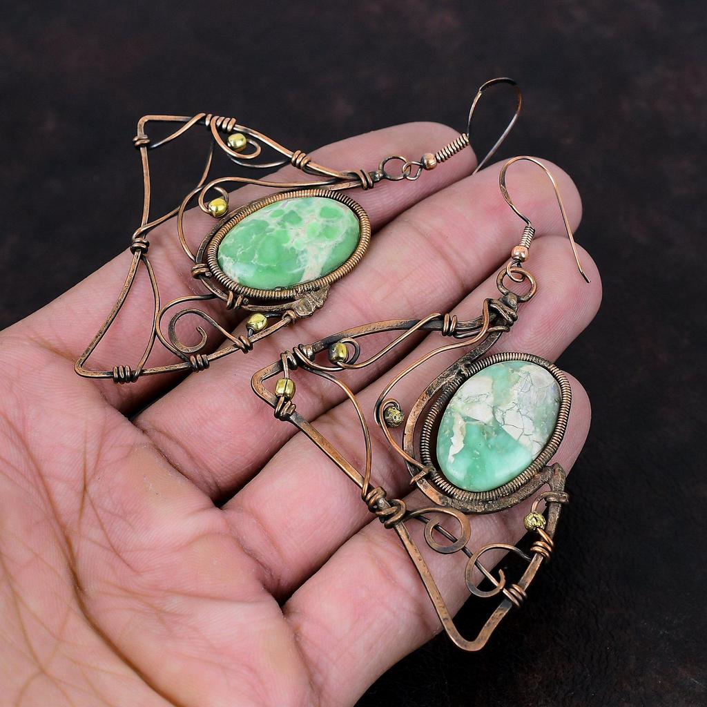 Серьги из варисцита, обернутые медной проволокой, элегантные ювелирные изделия, серьги ручной работы, ювелирные изделия из медной проволоки, серьги с драгоценными камнями, подарок на годовщину