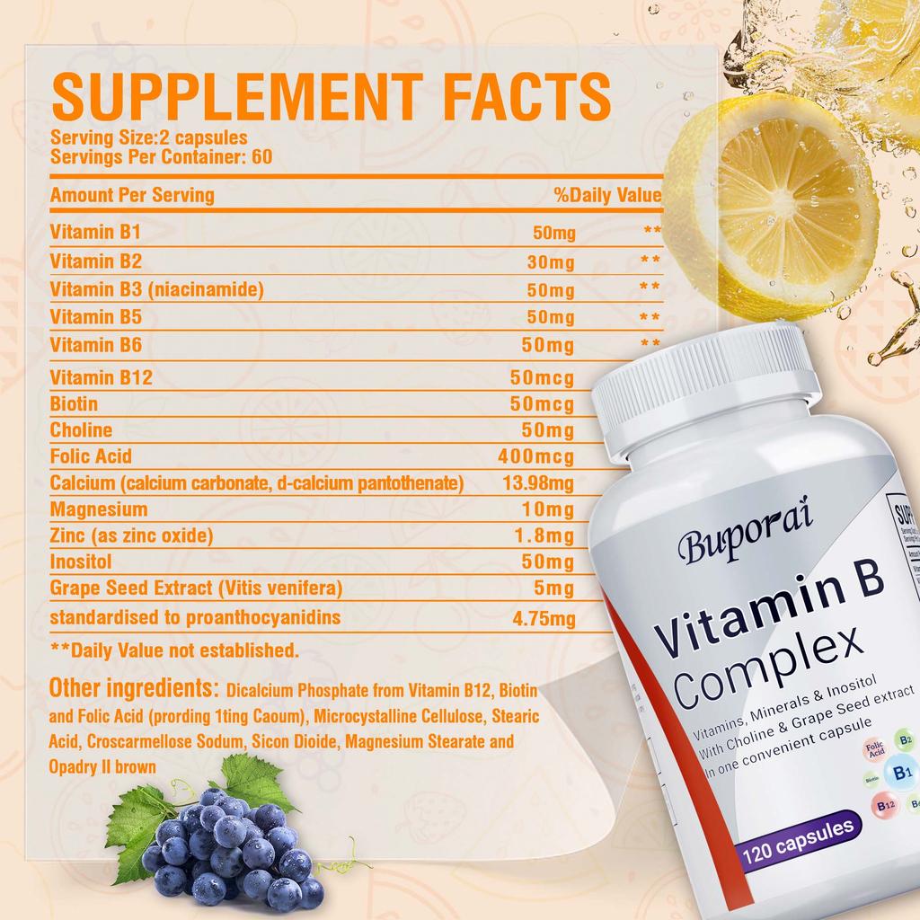High Potency Vitamin B Complex, 120 Capsules - With Vitamin C - Natural Energy Complex