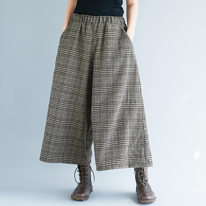 Johnature Casual Wide Leg Loose Plaid Women Pants Elastic Waist Calf Length Office Lady Women Pants