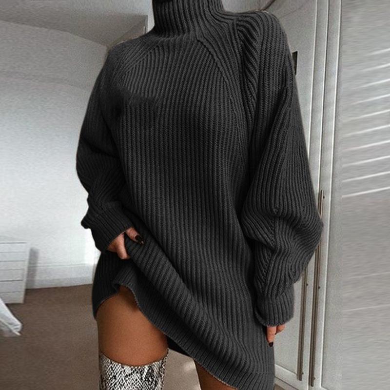 Autumn Winter Knitwear Mid Length Raglan Sleeve Half High Neck Sweater Dress Luxurious Relaxed-fit Slimming and Versatile Top