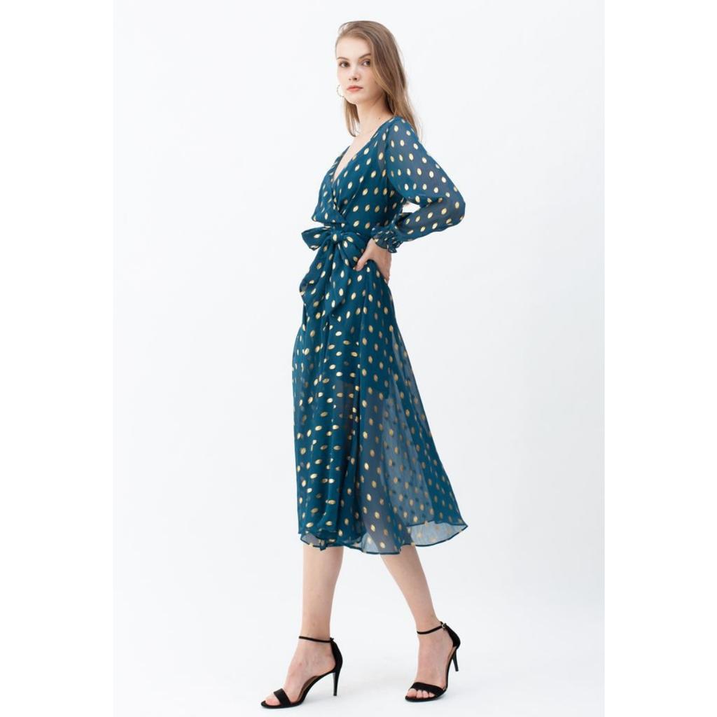Women's Polka Dot V-neck Long Midi Dress, Spring Autumn Casual Dress for Crossborder