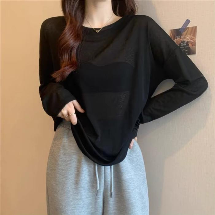 Солнцезащитная блузка с длинным рукавом Женская летняя слегка прозрачная свободная рубашка для кондиционированного воздуха Базовый слой Тонкий топ