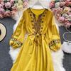 National Style Elegant Beach Vacation Dress Women Embroidery Flower Print Vintage Party Midi Dresses Female Loose Retro Design Casual Clothes
